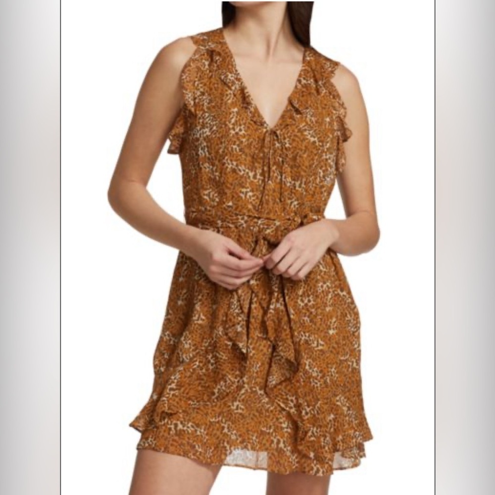 PAIGE Tia Silk Leopard Print Mini Dress Small Caramel Spice Boho Ruffle Revolve